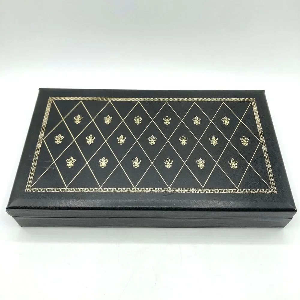 Vtg Sweden Gold Fleur De Lis Black Faux Leather Jewelry Box Valet Velvet Lined